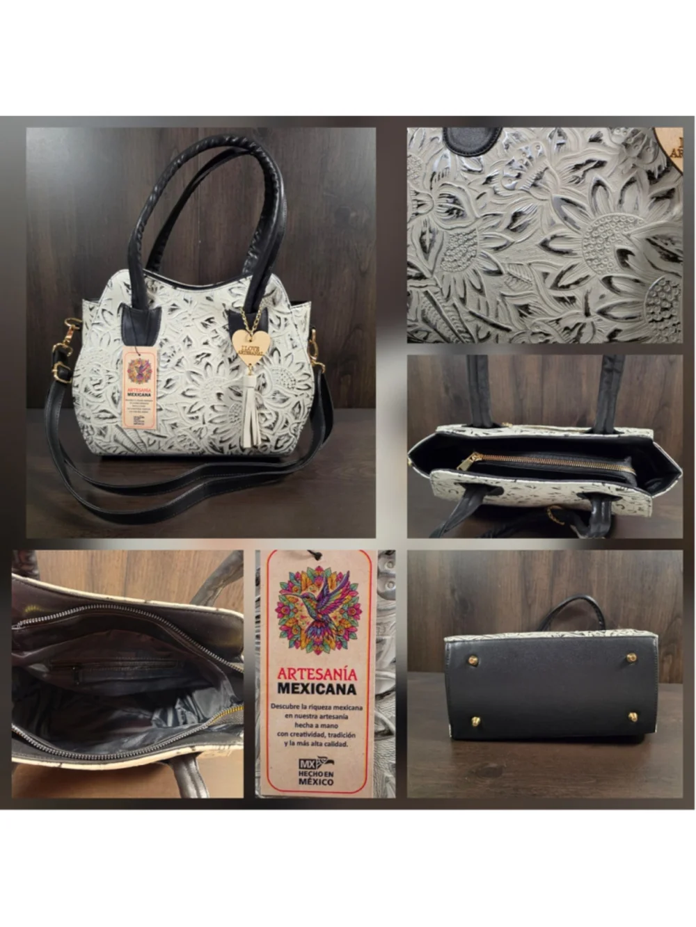 Black White Silver Embossed Tooled Artisan LEATHER Shoulder Bag Purse Crossbody
